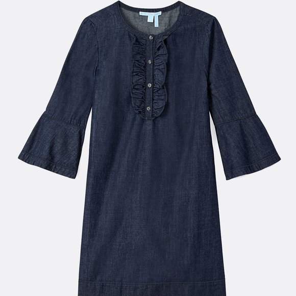 Sz 10 Draper James Chambray Ruffle Shift Dress in Dark Wash - Picture 8 of 16